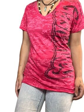 GAS MONEY Y2K Hot Pink Burnout V-Neck Graphic Tee Side Script Size XL